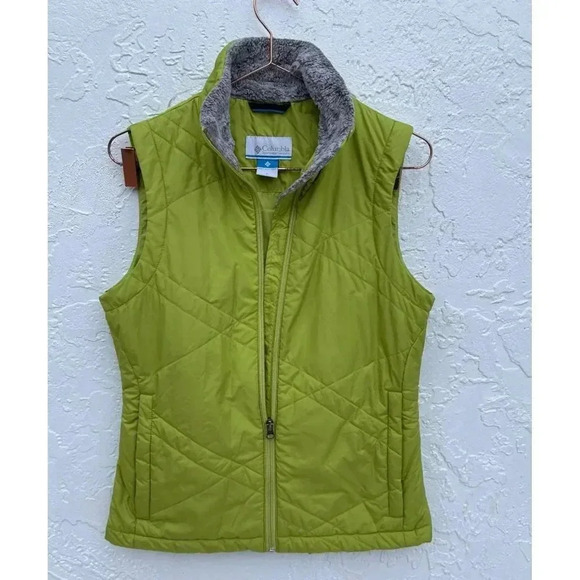 Columbia Womens Sleeveless Full Zip Up Quilted Collar Faux Fur Green Vest Sz S - Picture 1 of 7